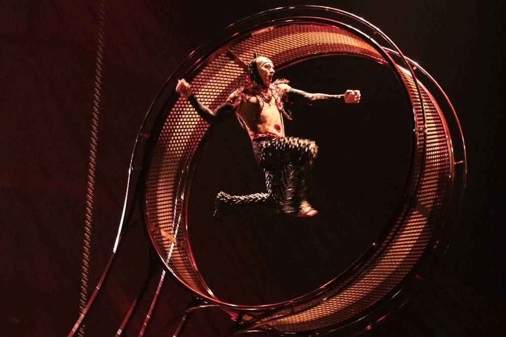 A close-up shot of an acrobat aboard The Wheel of Death