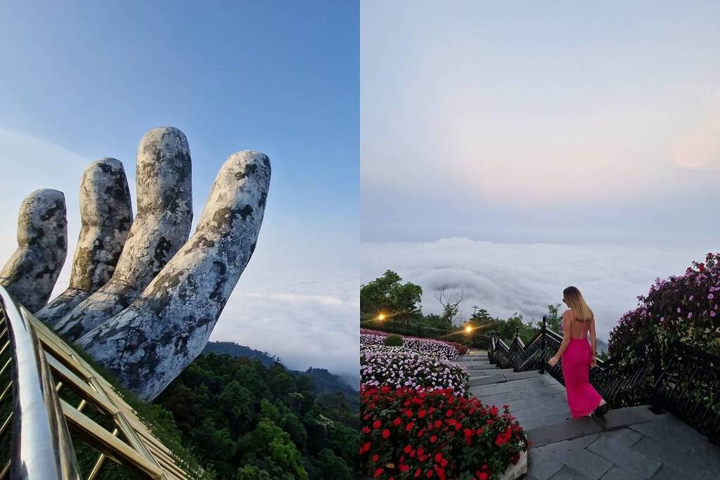 girl wanders around Golden Bridge at sunset with two hands mountains of Vietnam