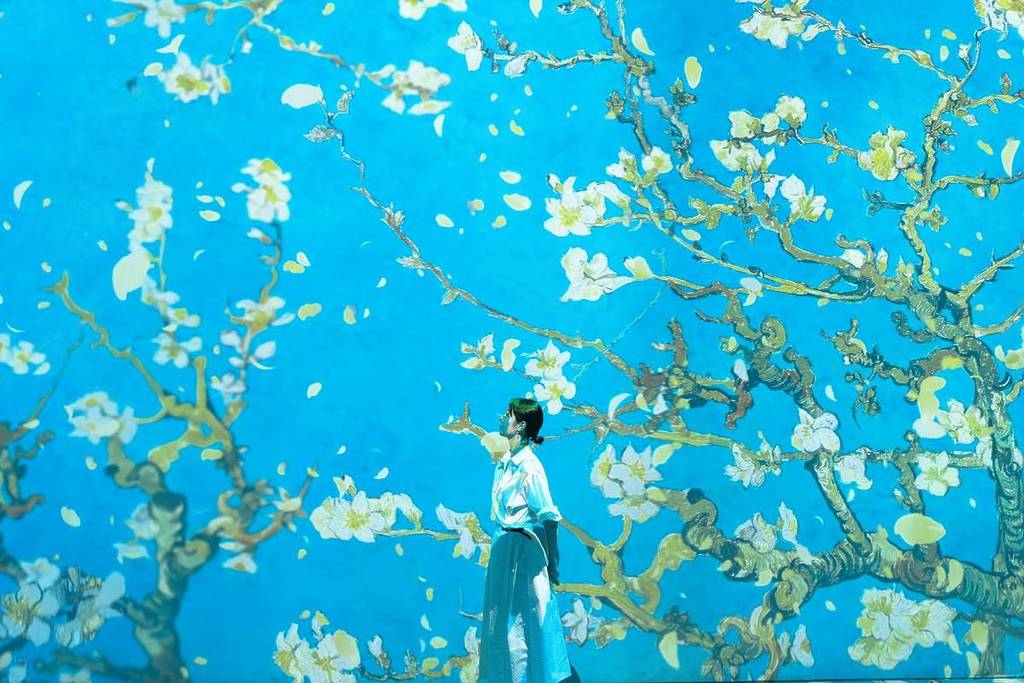 Vincent van Gogh's Almond Blossoms painting projected along the walls of GROUNDSEESAW's Van Gogh Inside Exhibition