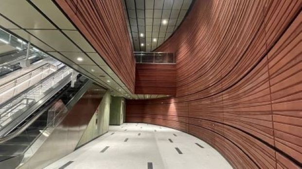A view of the curved concourse wall at Cantonment Station, one of three new Circle Line stations.