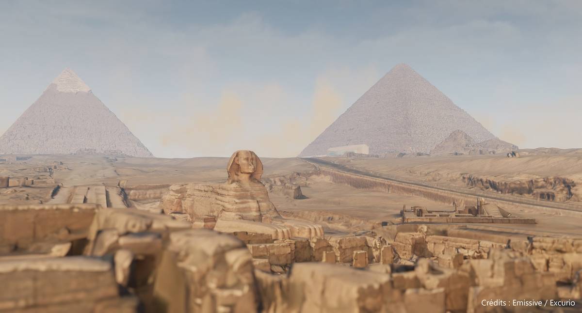 A virtual reality image from the Horizon of Khufu experience in Sydney, showing a vast city in Ancient Egypt, with a Sphinx and pyramids visibile.