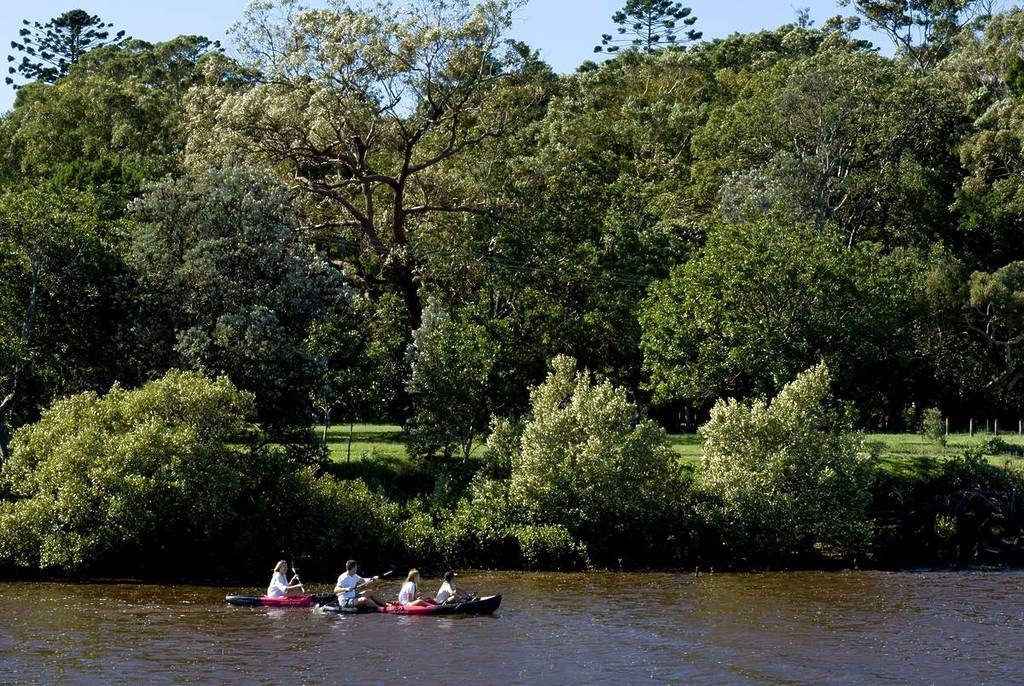 People kayaking on the calm waters of Lake Ainsworth, surrounded by trees and natural scenery