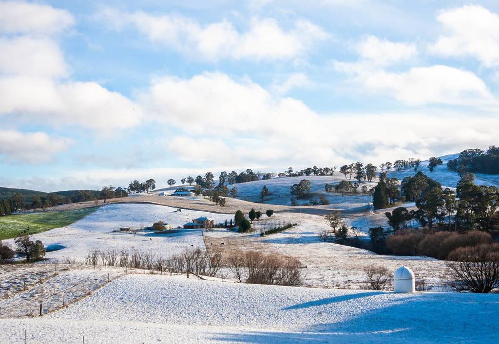 snow-covered landscape in Oberon with clear blue skies and a garden covered in snow