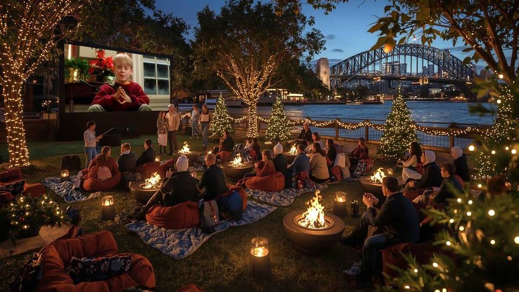 Outdoor firepit cinema screening Home Alone by Sydney Harbour, with fairy lights, trees, and food stalls