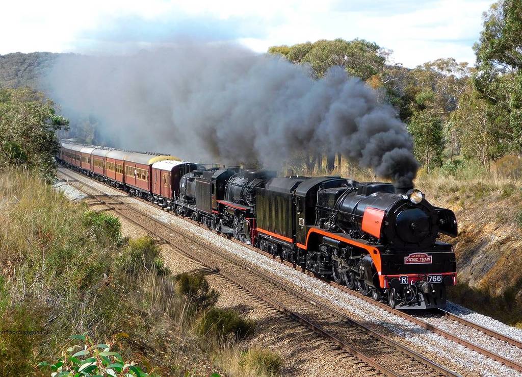 The Kiama Picnic Train with steam billowing from its engine as it travels through Royal National Park, surrounded by wild bushland