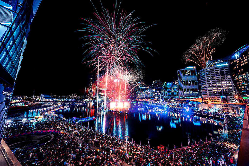 A fireworks display over Cockle Bay in Sydney's Darling Harbour, which takes place each Saturday night.