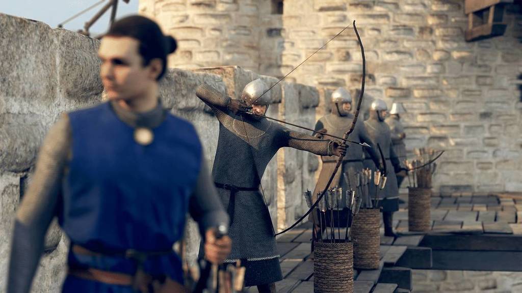 The nobleman Simon stands at the top of the castle wall with a bunch of archers in a scene from The Last Stronghold.