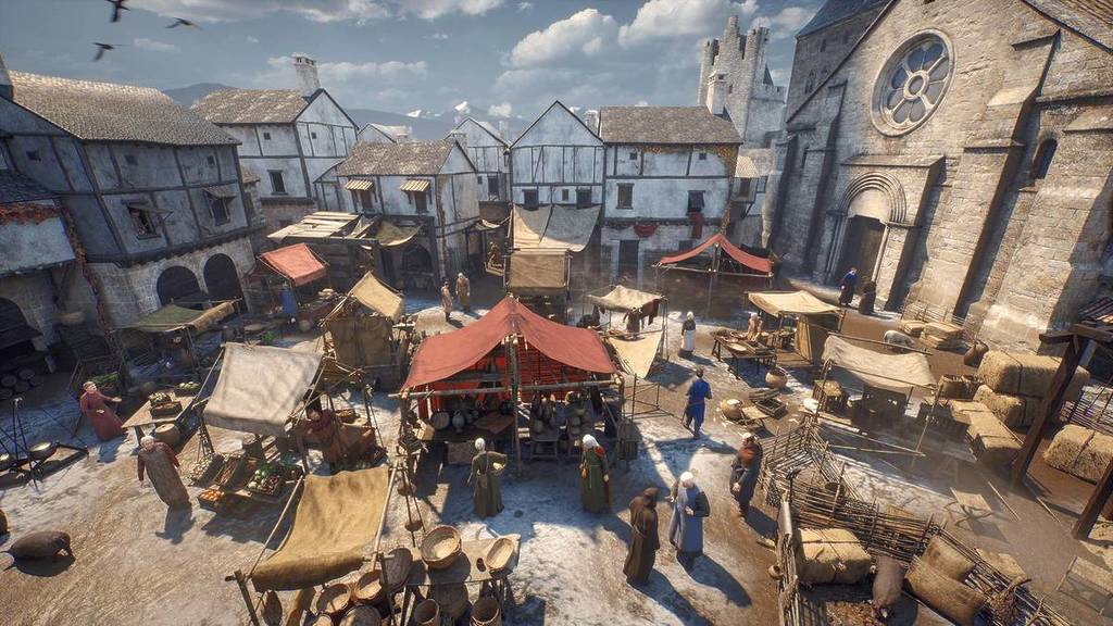 A shot of the bustling market in Carcassonne from The Last Stronghold.
