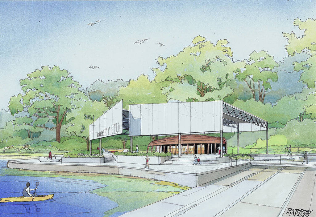 Artist’s impression of the planned Berrys Bay park, showing a repurposed Woodley’s Shed structure with a modern pavilion, surrounded by greenery, a waterfront promenade, and people walking, kayaking, and enjoying the space