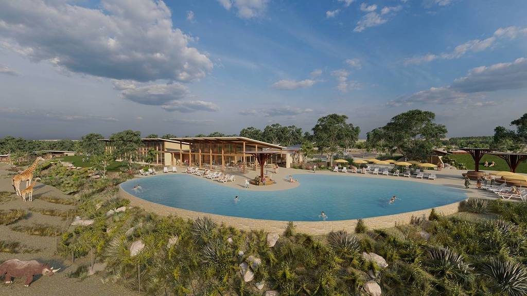 Infinity-edge pool at the Serengeti Resort in Dubbo with giraffes and rhinos visible on the surrounding savannah