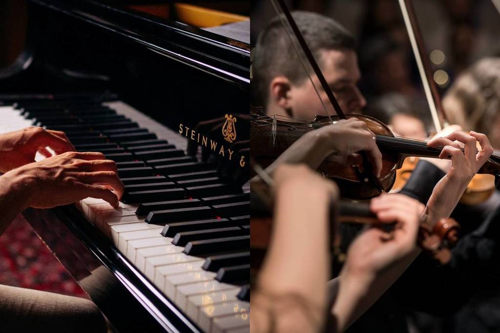 A collage of images of string quartet and pianist performing at classical music concerts