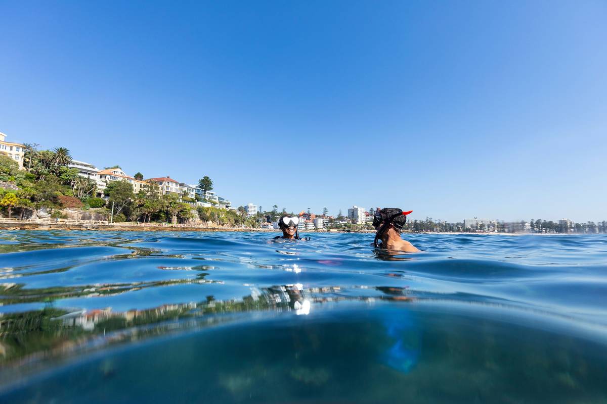 Two snorkellers floating in clear blue water in Shelly Beach, one of Sydney's cleanest beaches