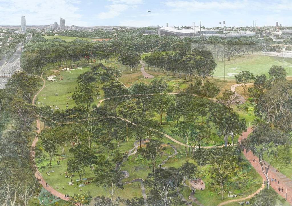 Artist’s impression of the proposed Moore Park South redevelopment, featuring walking trails, lush greenery, and open parkland near Sydney CBD