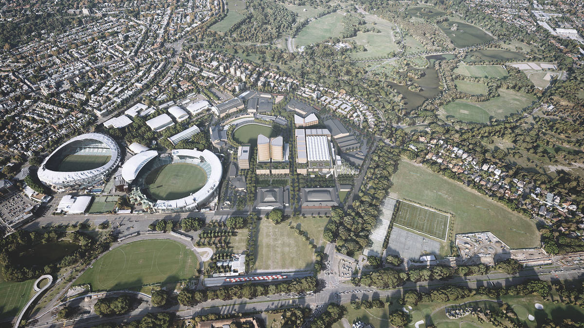 Aerial view of Sydney’s Moore Park precinct, showing the Sydney Cricket Ground, Allianz Stadium, and surrounding green spaces