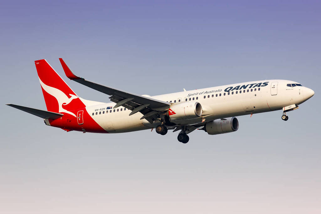 a qantas flight in the air with clear blue sky background