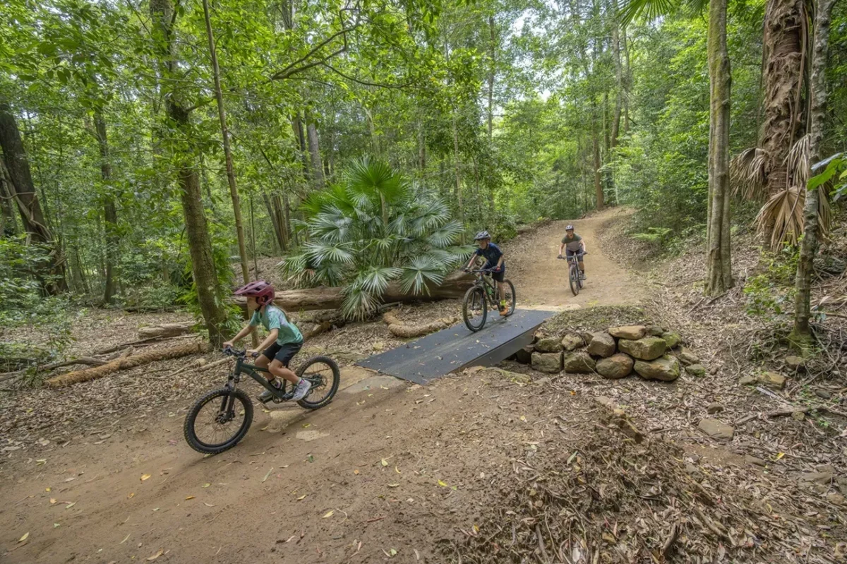Cyclists riding along a dirt trail through lush green forest in the Illawarra region