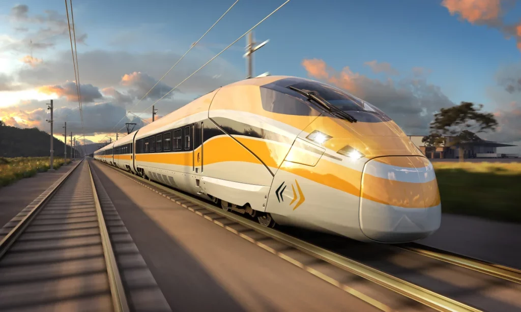 Artist's rendering of the Sydney-Newcastle high-speed rail train in motion, featuring a sleek yellow and white design