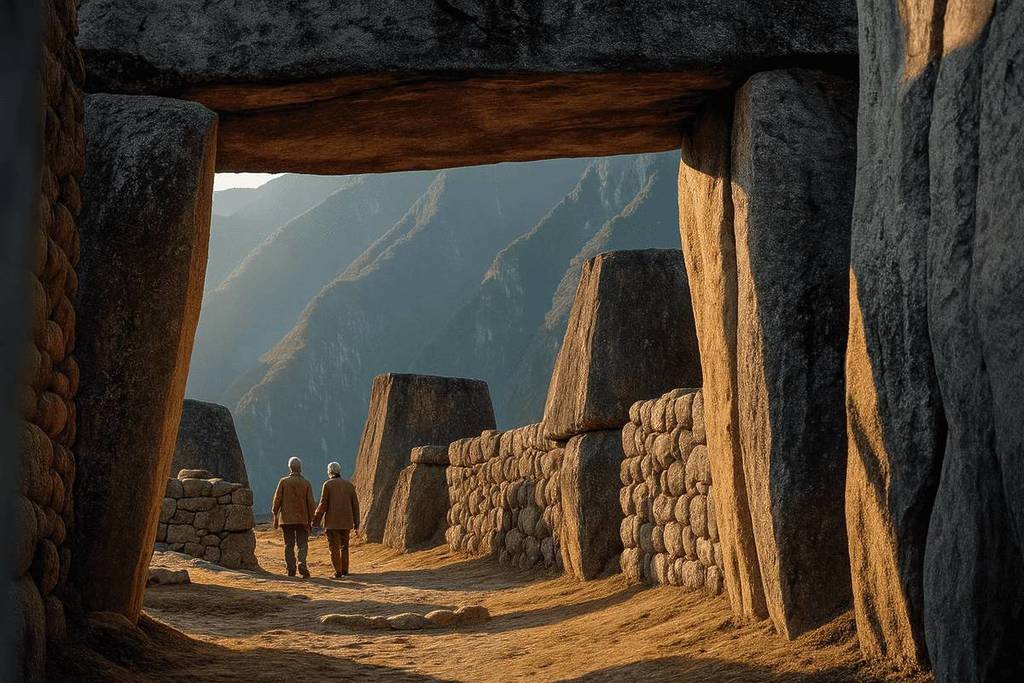 A couple walk along the walls of a temple at Machu Picchu.