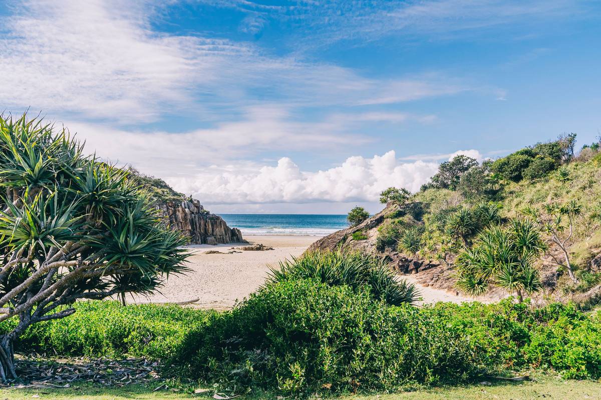 Secluded sandy beach framed by rocky headlands and coastal greenery in South West Rocks, NSW