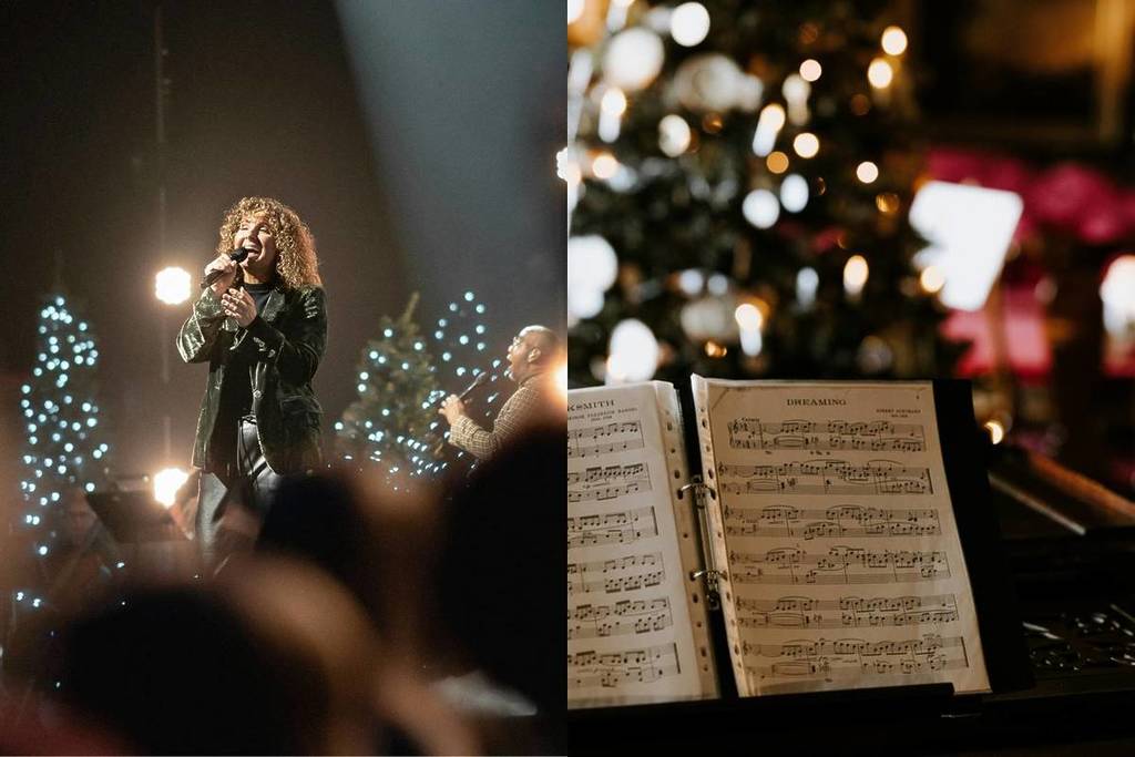 A woman singing surrounded by Christmas trees and a Christmas tree with music sheet at a Christmas concert