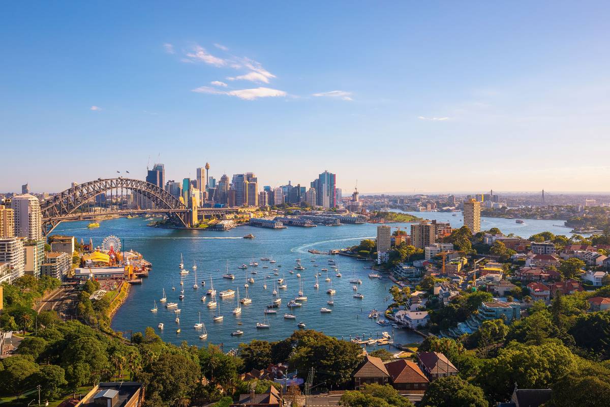 A wide view of Sydney Harbour showing the Harbour Bridge, city skyline and boats on the water