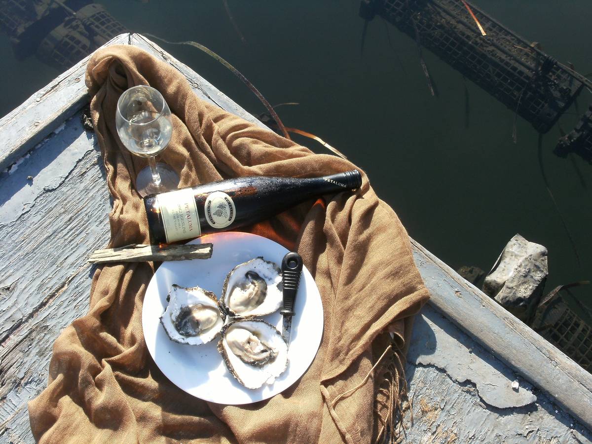Freshly shucked oysters and a bottle of wine set on a wharf