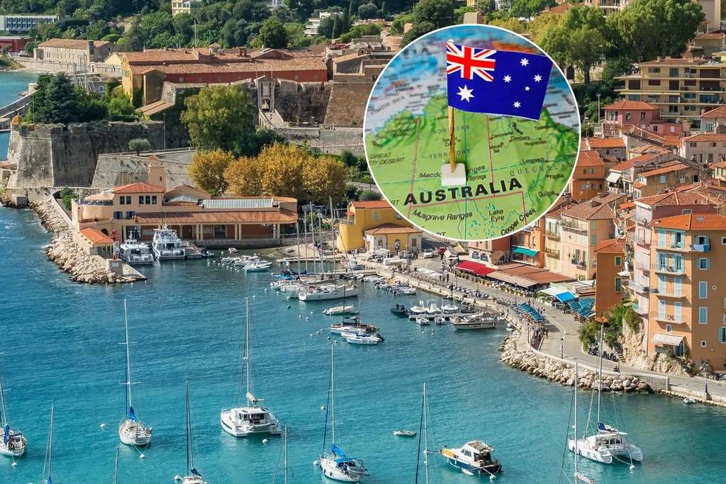 Wide view of a European harbour town with boats and colourful buildings, overlaid with an Australian flag icon to illustrate Australians living and working in Europe