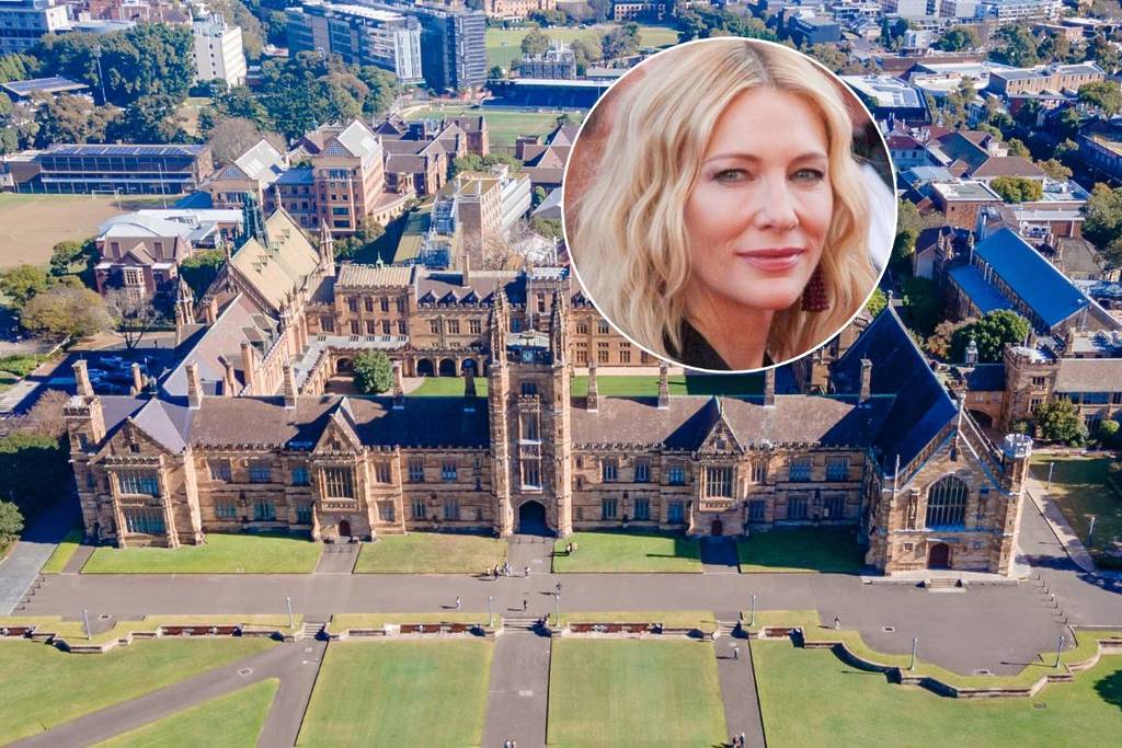 Campus of University of Sydney including Seymour Centre and an image of Cate Blanchett