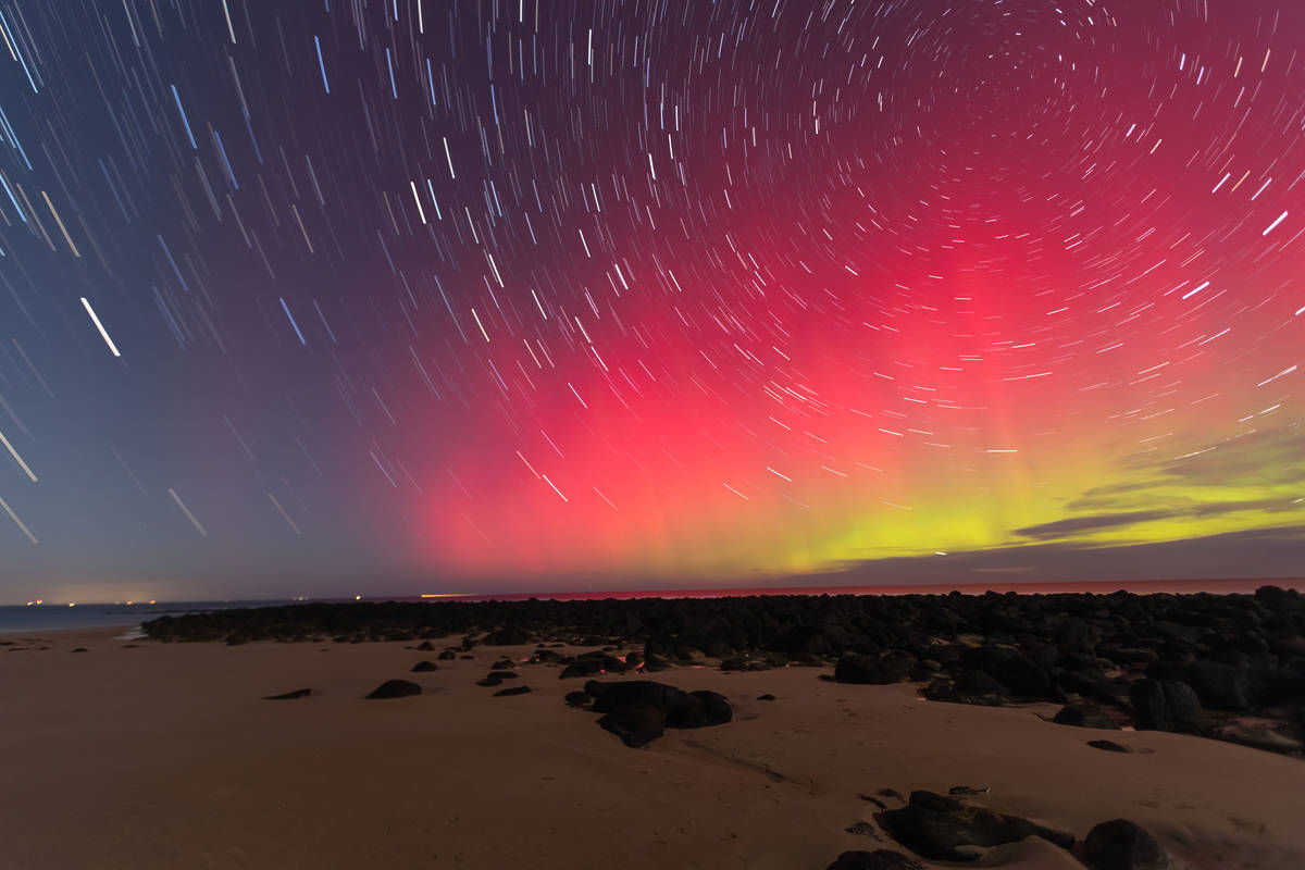 Red and green aurora australis stretching across the night sky above a rocky beach and ocean horizon