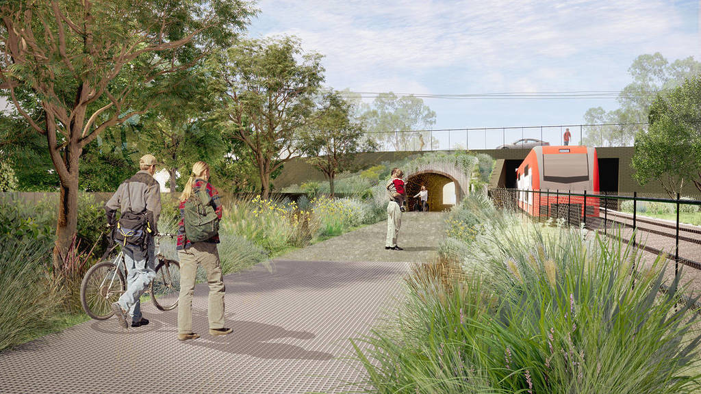 Artist's impression of walkers and cyclists on The GreenWay beside the Inner West light rail near Dulwich Hill