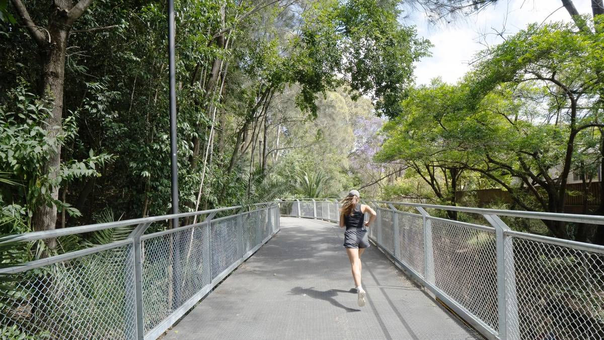 Jogger crossing a leafy pedestrian bridge on Sydney's newly opened GreenWay walking trail