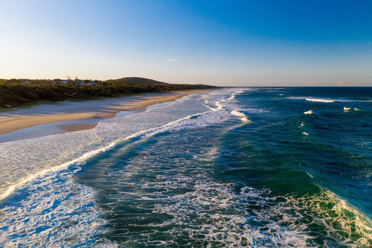 Aerial view of a long sandy beach with waves and houses behind the dunes in Ballina