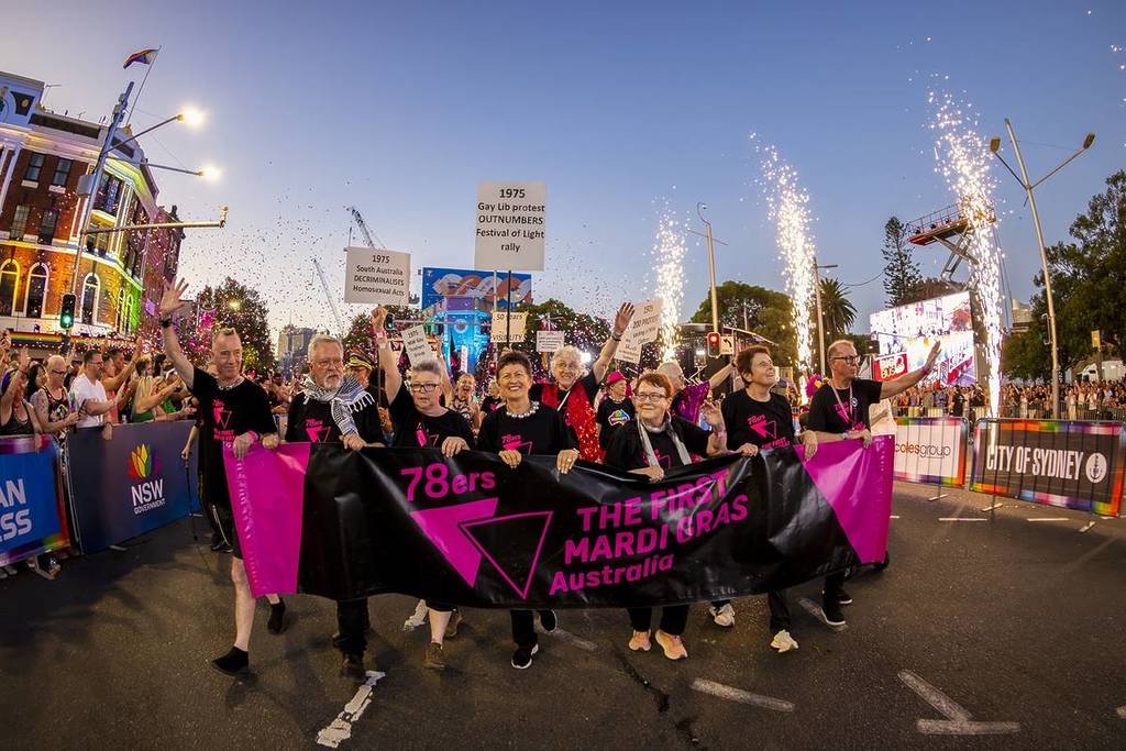 A group of marches from the 1978 Sydney Mardi Gras march in the 2025 parade.