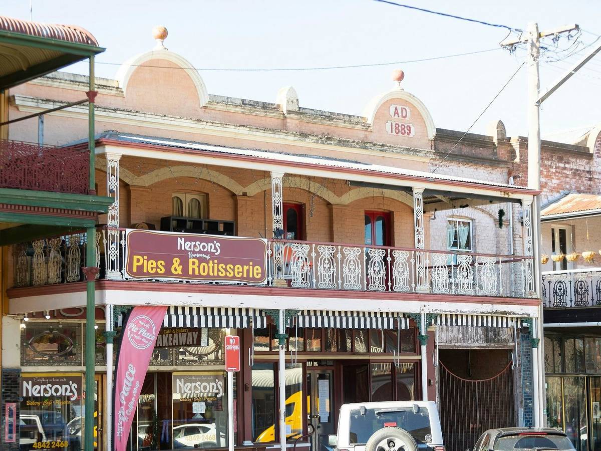 Historic balcony building and bakery on Braidwood's main street in the Southern Tablelands, NSW