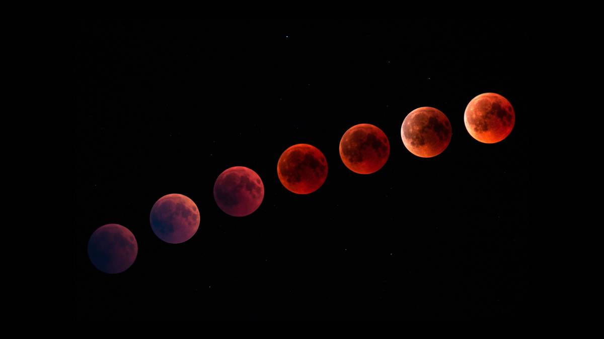 Composite image showing the stages of a total lunar eclipse, with the Moon gradually darkening and turning deep red against a black night sky