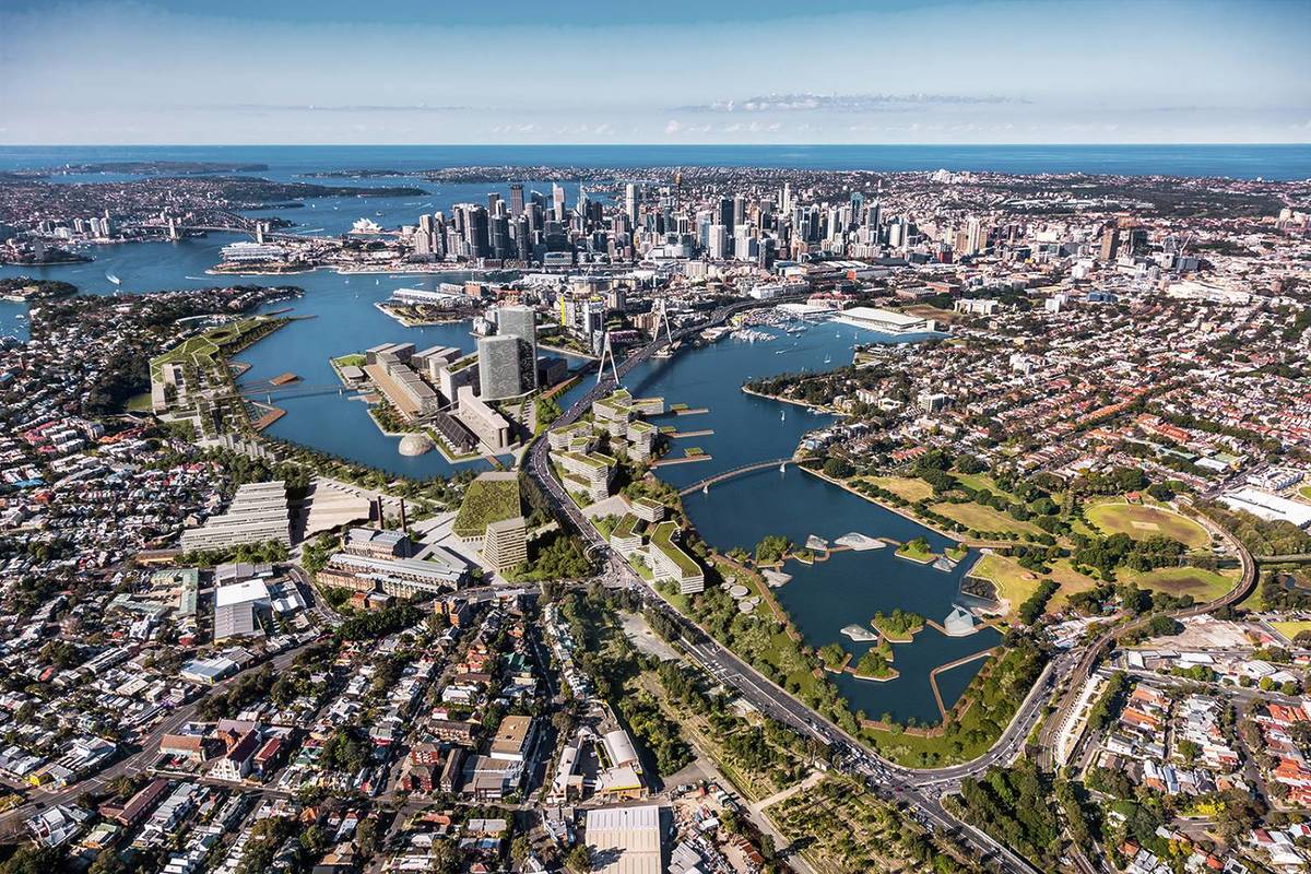 Aerial render of the proposed Bays West suburb at Glebe Island and White Bay with Sydney CBD in the background