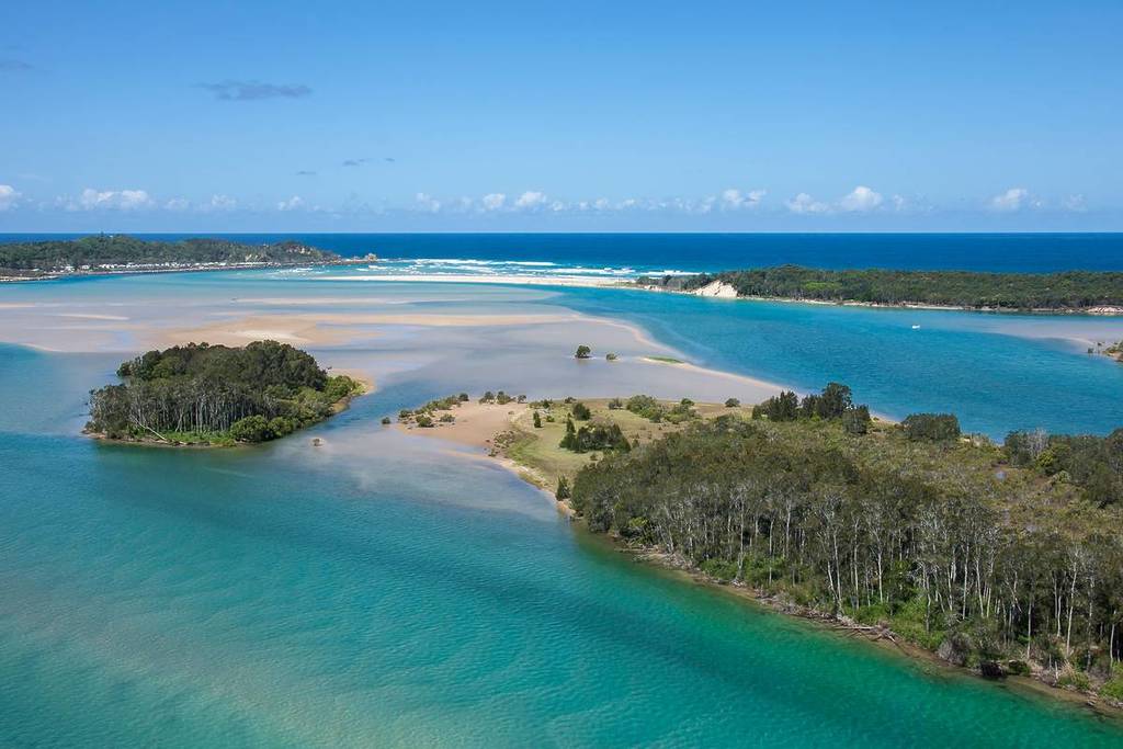 Aerial view of the Nambucca River meeting the Pacific Ocean at Nambucca Heads on the NSW Mid North Coast