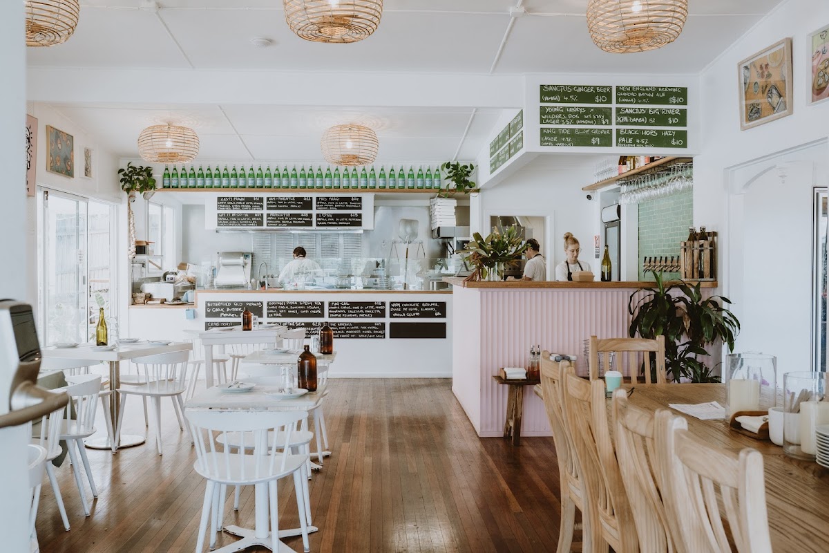 Interior of a bright coastal cafe in Nambucca Heads serving breakfast and coffee