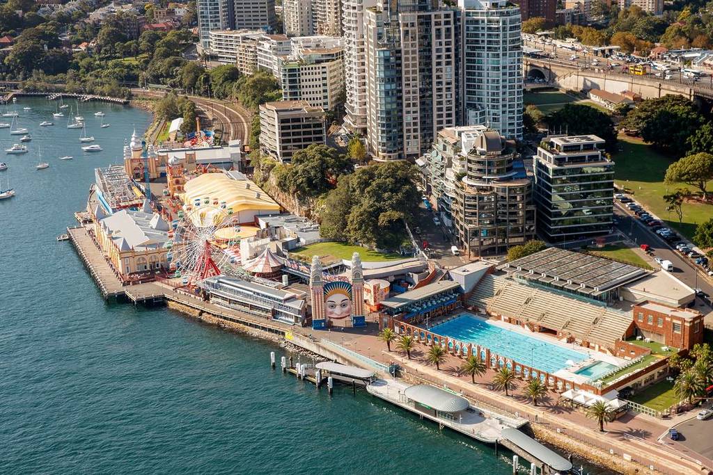 Aerial view of Luna Park and North Sydney Olympic Pool at Milsons Point on the Sydney Harbour waterfront