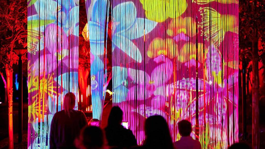 Crowd moving through a forest trail with large-scale colourful projections and illuminated displays at night