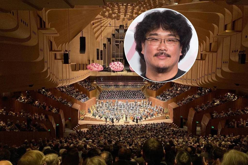 An orchestra performing inside Sydney Opera House concert hall plus director of Oscar winning film Parasite Bong Joon‑ho at a film premier