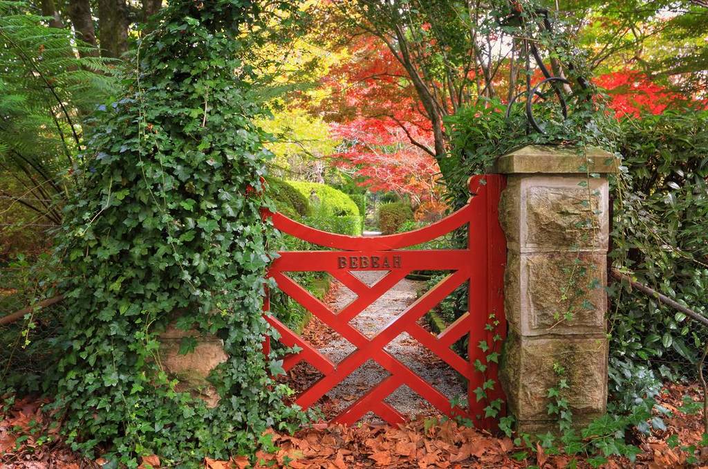 Red gate at the entrance to Bebeah Garden in Mount Wilson surrounded by autumn foliage