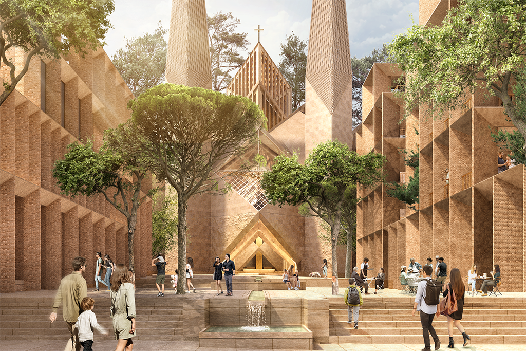 Architectural rendering of a new cathedral in Sydney with brick towers, landscaped courtyard, and people gathering in a stepped public space