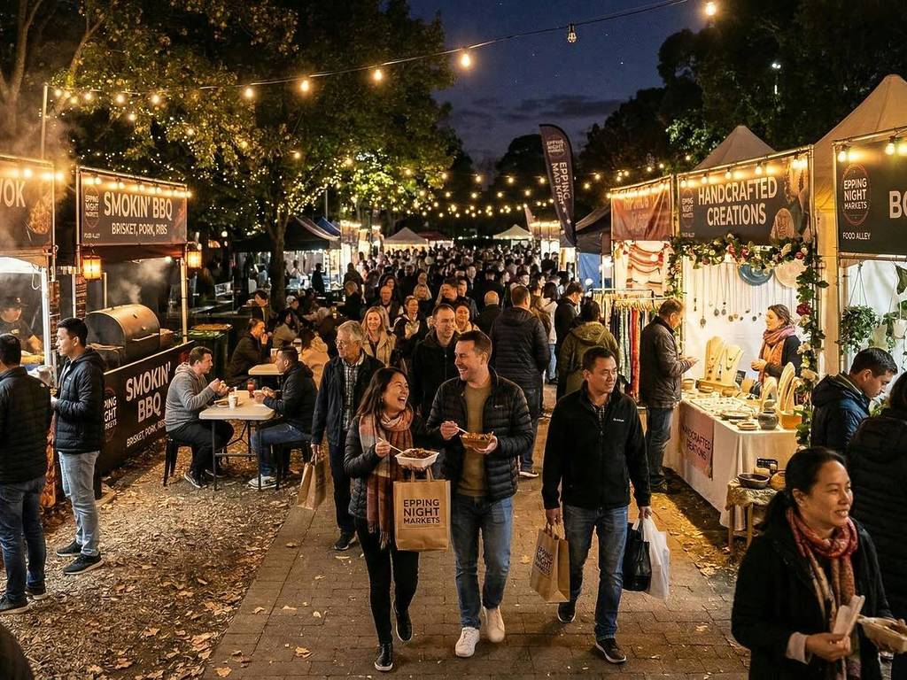 Busy outdoor night market with food stalls, string lights and crowds browsing and eating in the evening