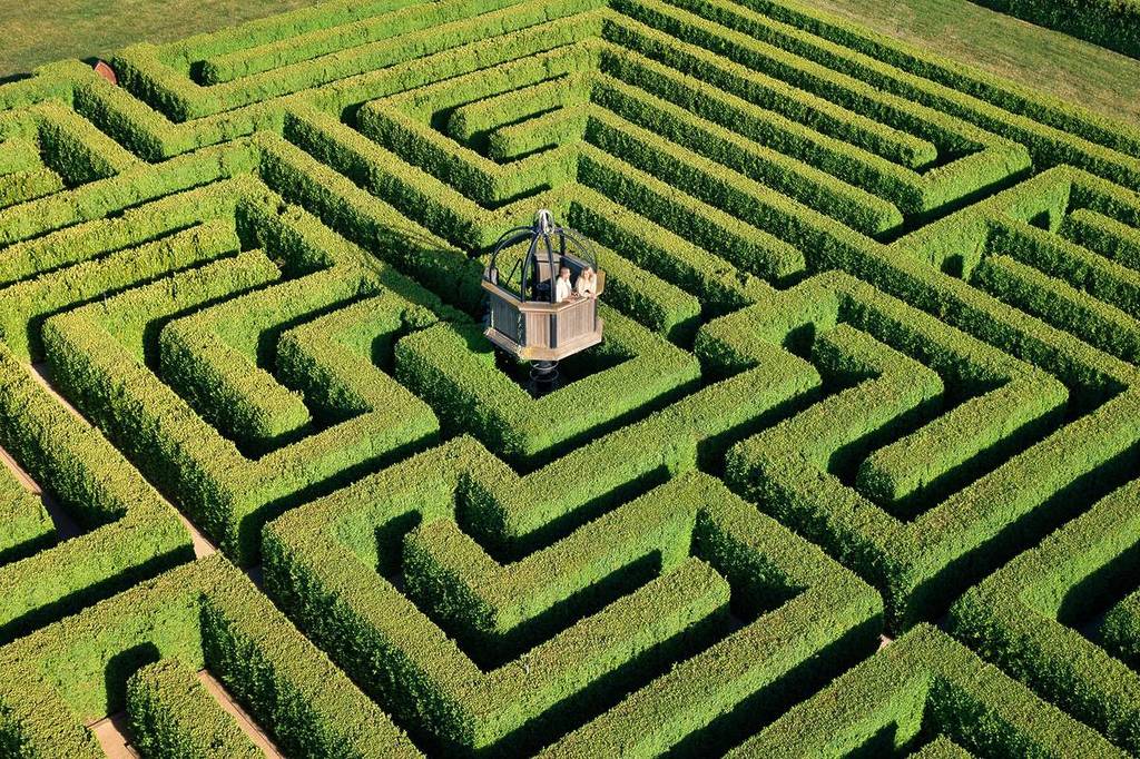 Aerial view of the English box hedge maze at Mayfield Garden with central lookout tower