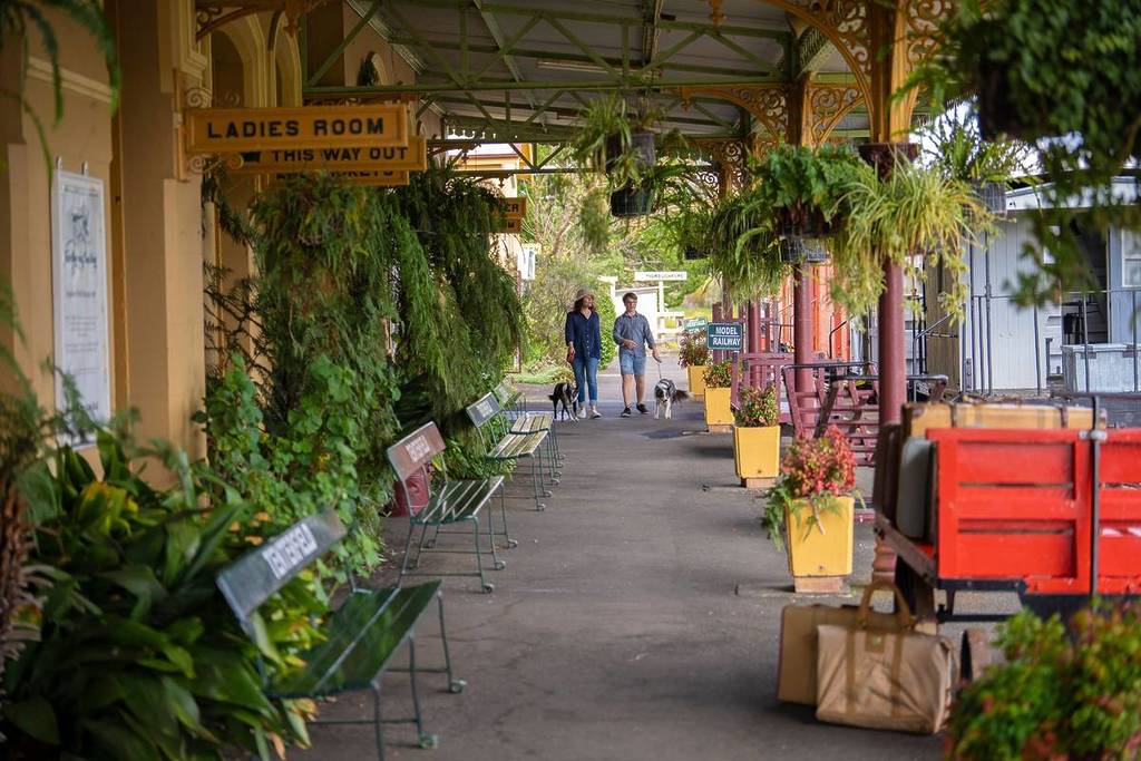 Heritage platform at Tenterfield Railway Station with original Victorian-era details and hanging plants