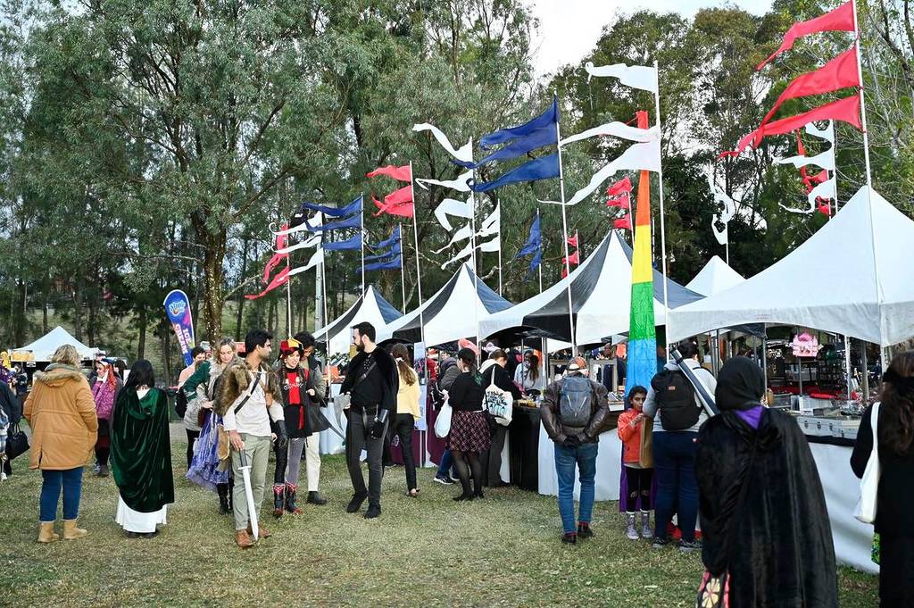 Visitors browsing medieval-themed market stalls and tents at an outdoor festival