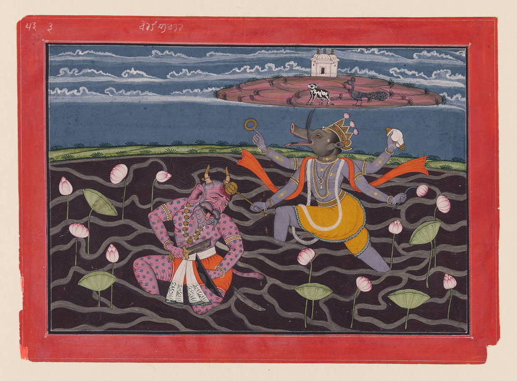 Mahesh of Chamba, India active c173075 'Varaha avatar' c175075, folio from a 'Dashavatara' series, opaque watercolour on paper, 16.3 × 24.1 cm, Museum Rietberg, Zurich, purchased with funds from Balthasar and Nanni Reinhart