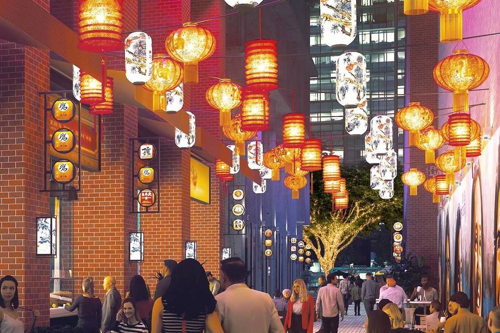 Laneway filled with hanging Chinese lanterns and illuminated signage in a proposed Chinatown-style streetscape in Parramatta 
