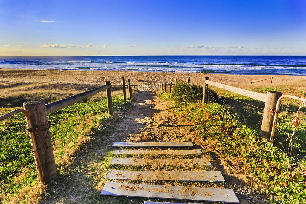 Sandy path with wooden steps leading through grassy dunes to a sunny beach and blue ocean with gentle waves under a clear sky.